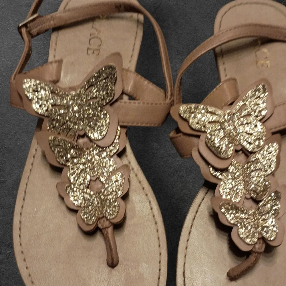 Lot Of 2 Sandals with Bows and Butterfly Accents Girls Size 2 Denim Gold Glitter